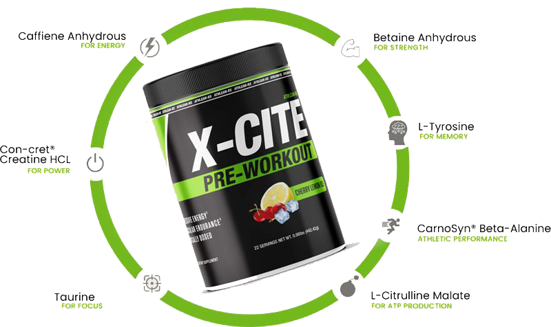 X-cite has caffine for energy, creatine HCL for power, and taurine for focus