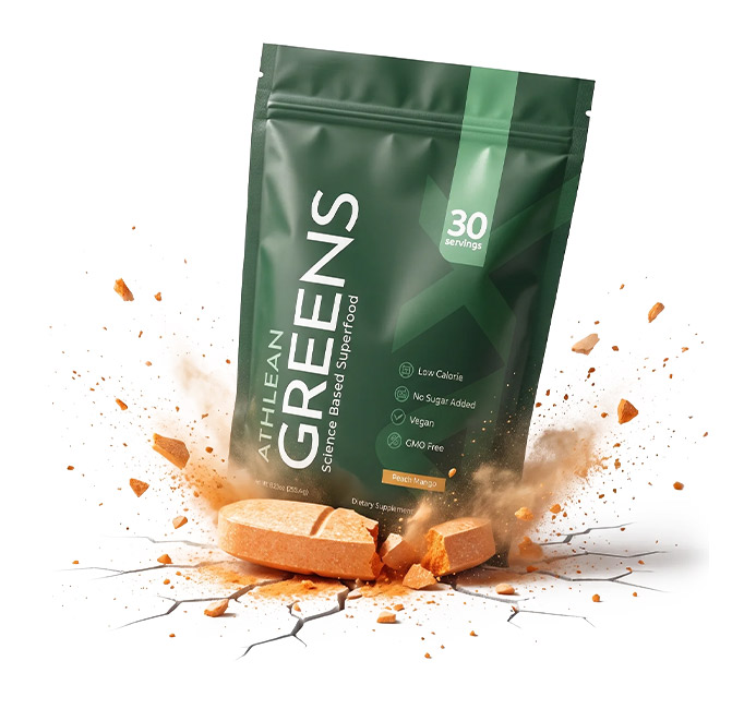 Athlean Greens box and packaging crushing multivitamin