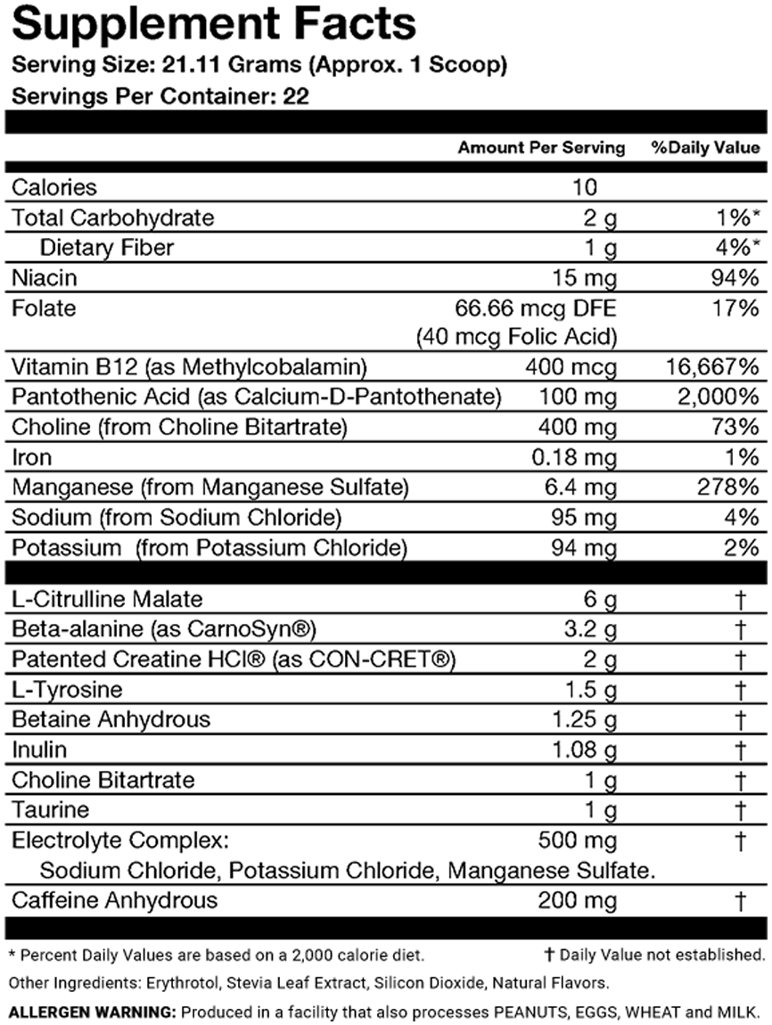 RX-1 X-CITE | Sour Green Apple Supplement Facts